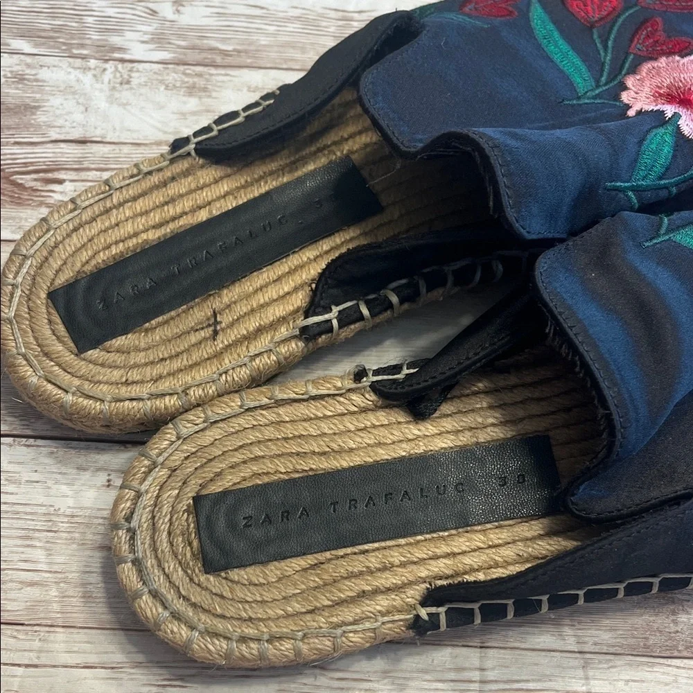 Zara Black Satin Floral Embroidered Espadrilles Size 38